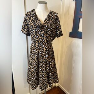 Michael Kors Leopard Print Midi wrap Dress ruffle neck in Tan and Black Sz M
